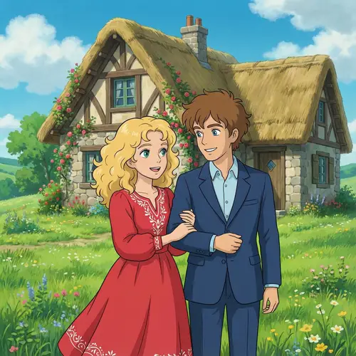 Charming Animated Couple in Fairy-Tale Setting