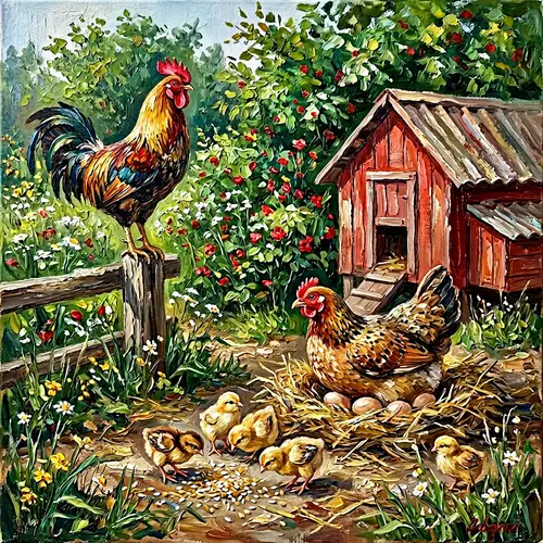 Charming Oil Painting of Cockerel and Hen with Chicks
