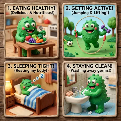 Playful Clay Monster Demonstrating Healthy Habits