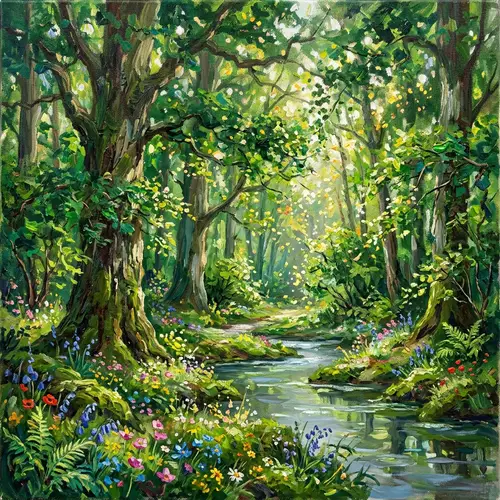 Lush and Verdant Forest Impressionistic Style Painting