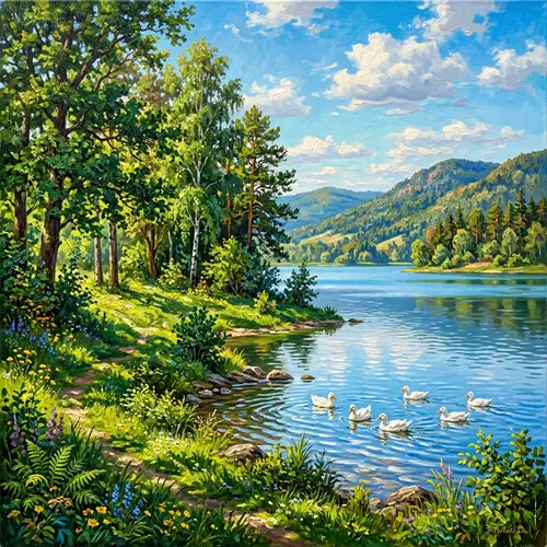 Vibrant Nature Oil Painting: Tranquil Landscape with Trees, Water, and Ducks