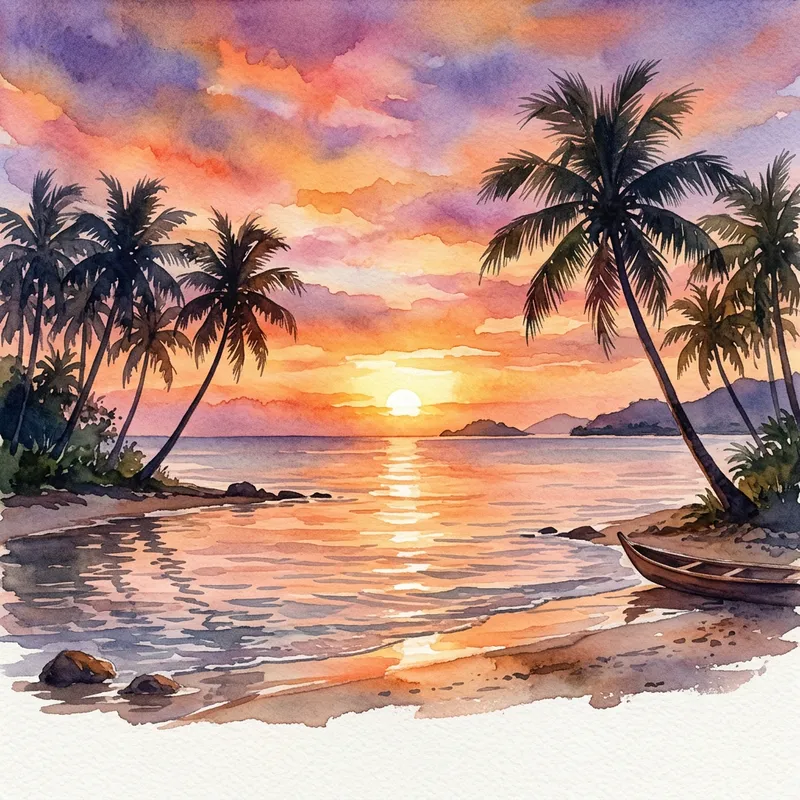 Tropical Sunset Watercolor Art