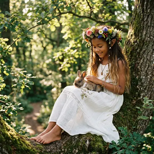 Light Brown Elven Girl with Flower Crown in Tree with Bunny