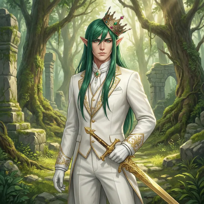 Male Elf with Golden Sword and Lavish Green Hair | Fantasy Character Male Elf with Golden Sword and Lavish Green Hair | Fantasy Character