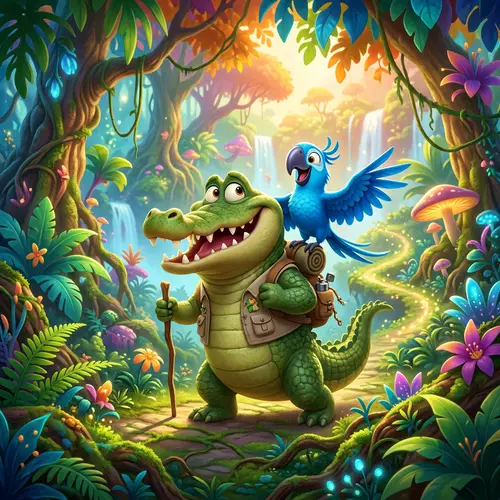 Playful Alligator & Parrot in a Magical Jungle