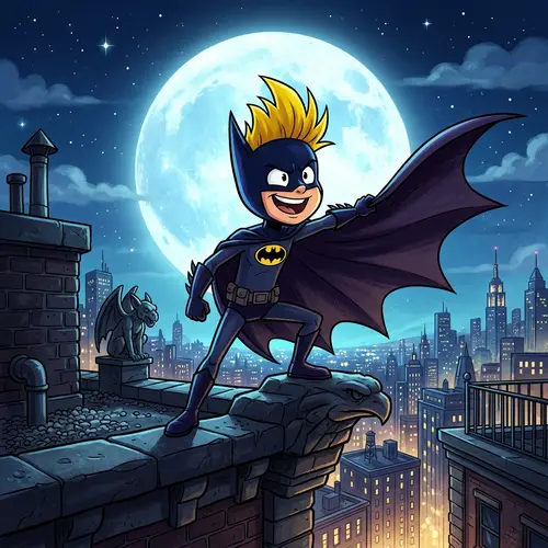 Bart Simpson Batman: Cartoonish Boy on Rooftop with Moon
