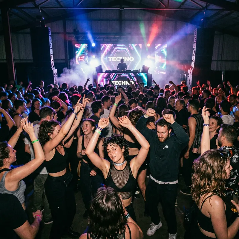 Energetic Crowd Dancing at Techno Party