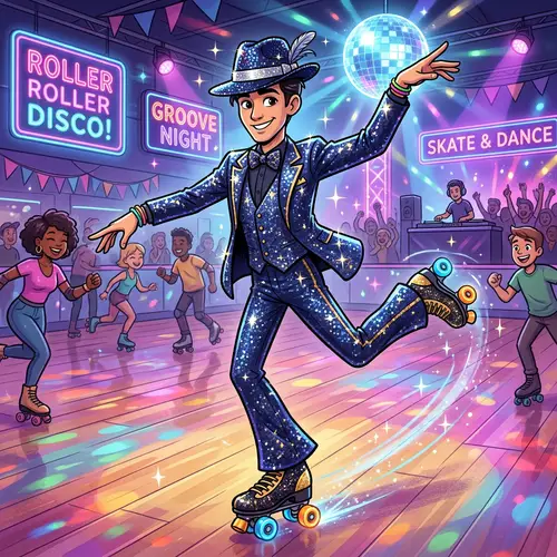 Dancing Male Figure in Sparkling Suit and Fedora on Roller Skates