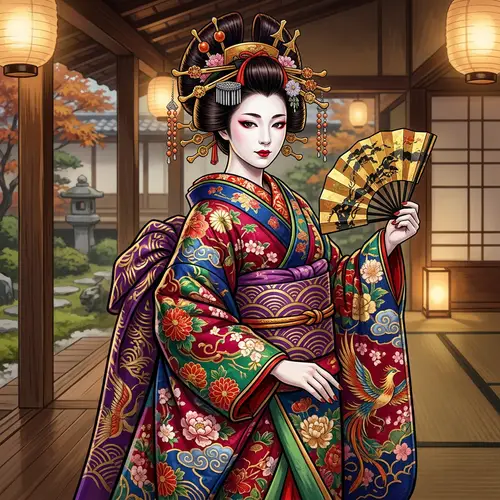 Colorful Geisha Illustration in Traditional Attire | Japanese Kimono