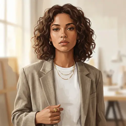 Modern Mixed Descent Woman with Curly Brunette Hair | Contemporary Style