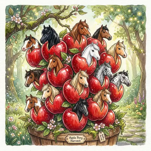 Whimsical Illustration of Shiny Red Apples with Tiny Horses