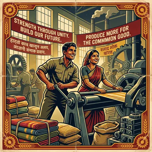 Historical Propaganda Scene: Workers in a Factory