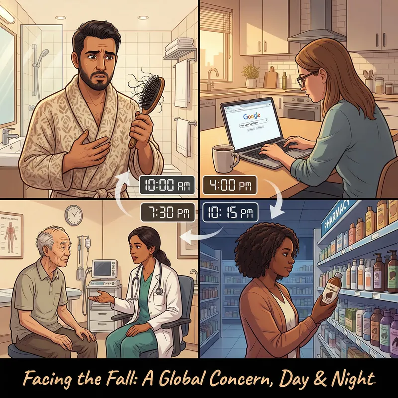 Hair Fall Problem Animated Scene: Diverse Individuals Coping with Hair Loss