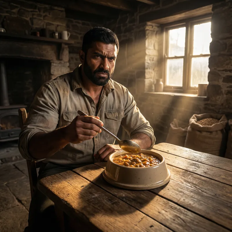 Strong Man Eating Chunky Dog Food - Powerful Image Strong Man Eating Chunky Dog Food - Powerful Image