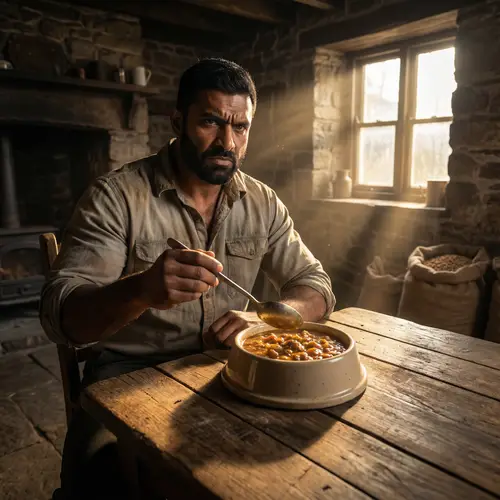 Determined South Asian Man Eating Chunky Stew - Inspiring Moment