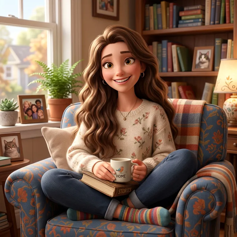 Pixar Style Woman Sitting - Long Hair Character Design