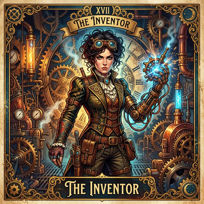 Caucasian Female Steampunk Inventor Tarot Card Illustration