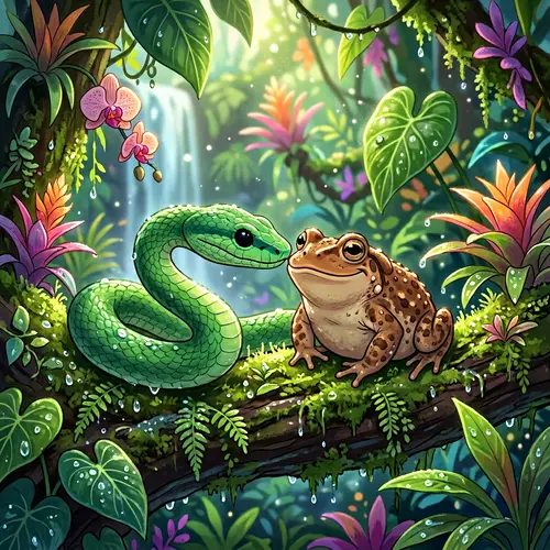 Green Viper and Toad in Friendly Rainforest Interaction