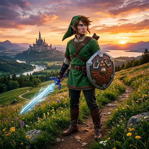 Hylian-like Man with Elegant Sword & Shield on Grass Hillside
