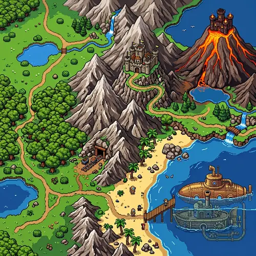 Adventure Pixel Art Landscape: Top-Down View with Diverse Features