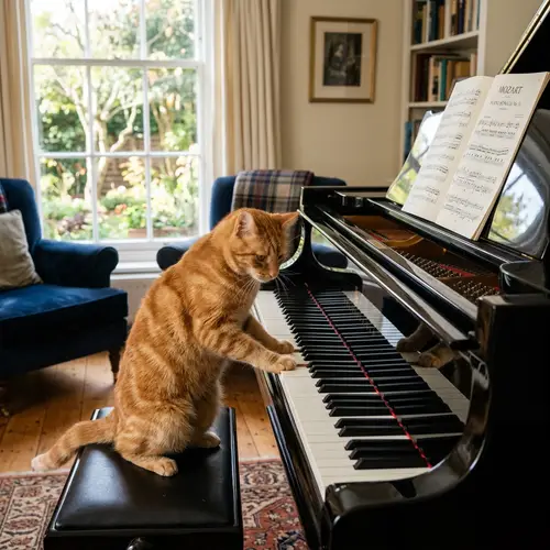 Ginger Cat Playing on Black Grand Piano in Living Room