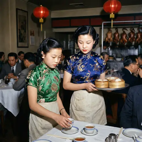 Chinese Sisters in Traditional Restaurant Attire