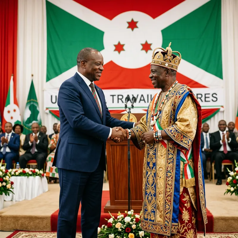 President of Burundi Melchior Ndadaye shakes hands with Prince Louis Rwagasore