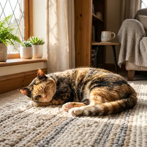 Peaceful Tortoiseshell Cat Resting on Plush Rug | Homely Scene