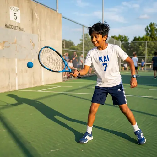 Meet Kai: South Asian Boy Playing Racquetball with Concentration and Joy