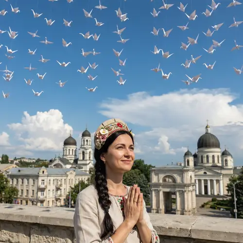 Charming Moldovan Woman in Prayer Amidst Chisinau's Beauty