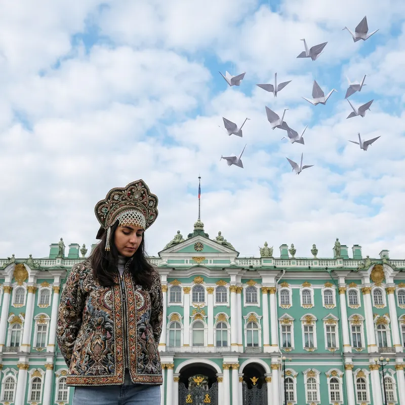 Modern Brunette in Kokoshnik Praying at Hermitage