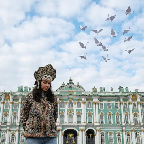 Modern Brunette in Kokoshnik Praying at Hermitage