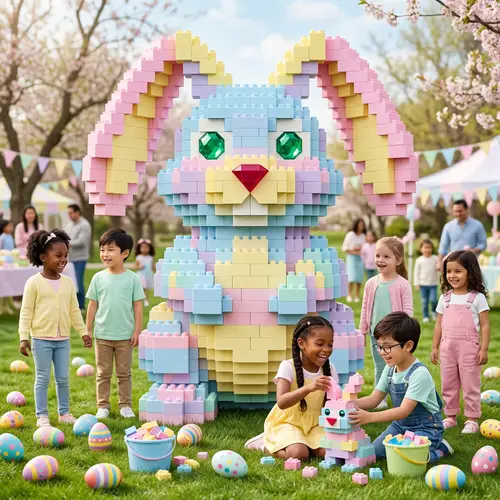 Colorful Easter Bunny Construction - Festive Pastel Scene