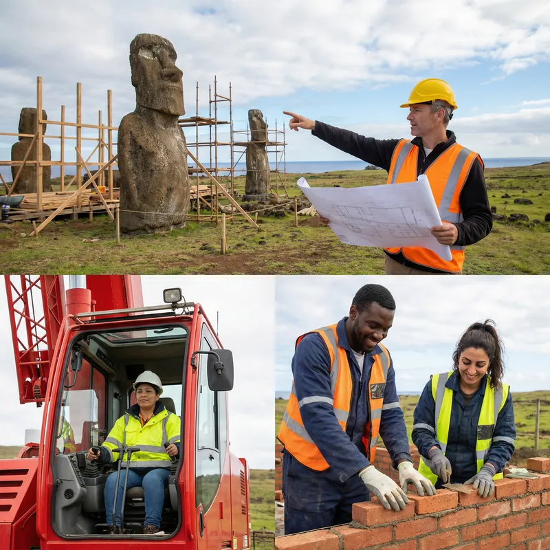 Easter Island Construction: Diverse Team in Moai Statue Setting