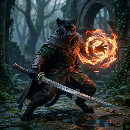 Fantasy Black Catman with Katana | Captivating Martial & Magical Scene