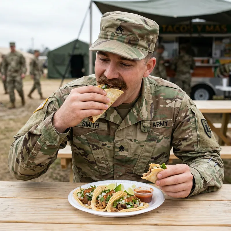 Soldier with Mustache Enjoying Tacos