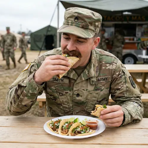 Soldier with Mustache Enjoying Tacos