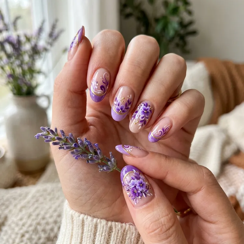 Elegant Purple Nail Design with Floral Accents Elegant Purple Nail Design with Floral Accents