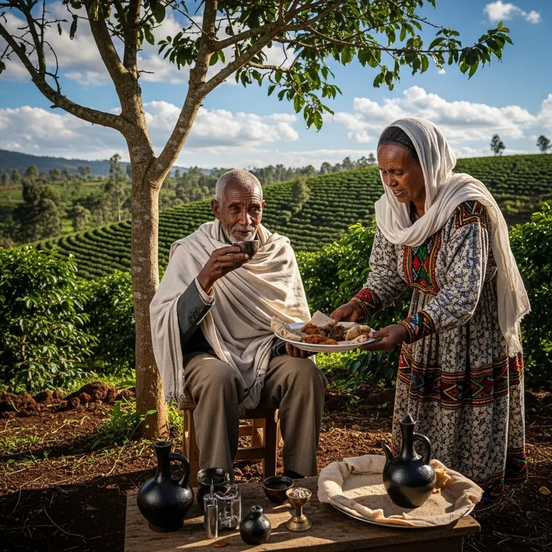 Ethiopian Coffee Tradition: Man Enjoys Injera Ethiopian Coffee Tradition: Man Enjoys Injera