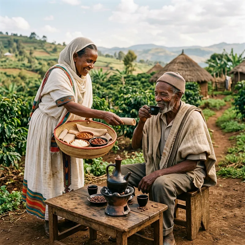 Ethiopian Coffee Tradition: Man Enjoys Injera