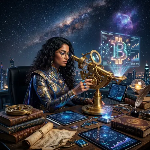 Futuristic South-Asian Astrologer with Cryptocurrency Symbol