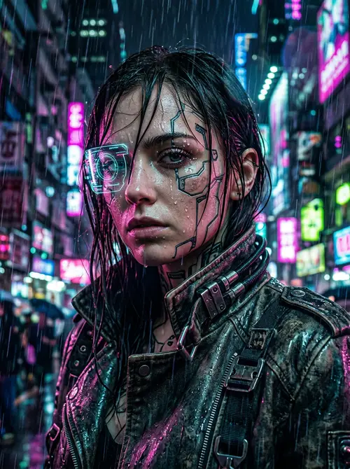 Cyberpunk Portrait of a Young Woman with Tattoos