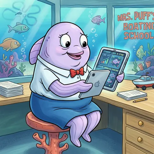 Cheerful Fish-Woman Teaching Driving with Tablet Device