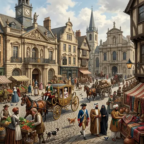 1745 Historical Scene: Fashion Trends, Architectural Styles & Daily Life