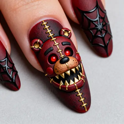 Halloween Almond Nails Inspired by Nightmare Fredbear