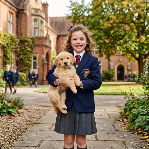 Small Girl with Golden Retriever Puppy at School