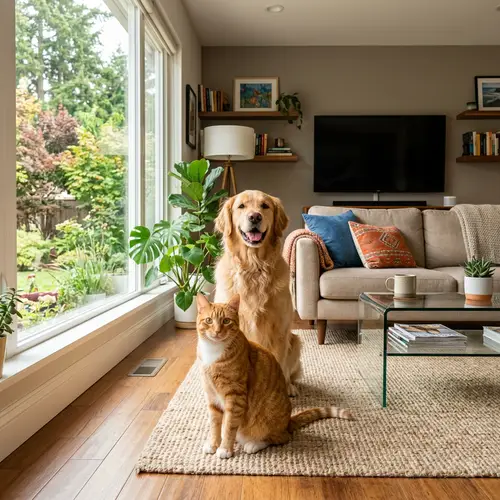 Cat and Dog Living Room Harmony | Modern Decor Scene