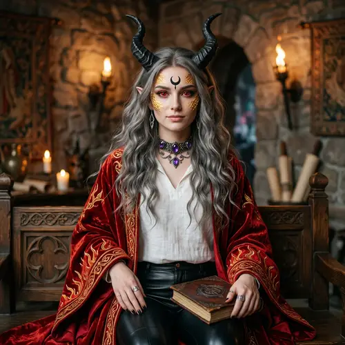 Caucasian Girl with Wavy Black Horns and Red Eyes