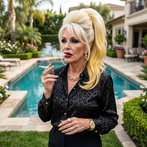 Stylish Granny Smoking in Luxurious Backyard