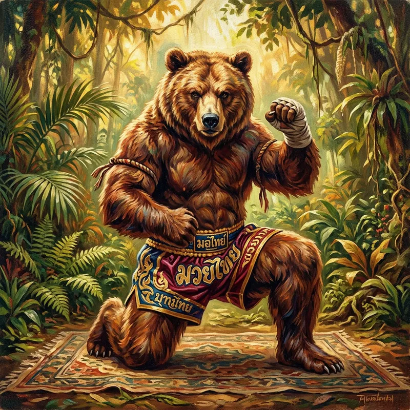 Dynamic Muay Thai Bear Art - Powerful Warrior